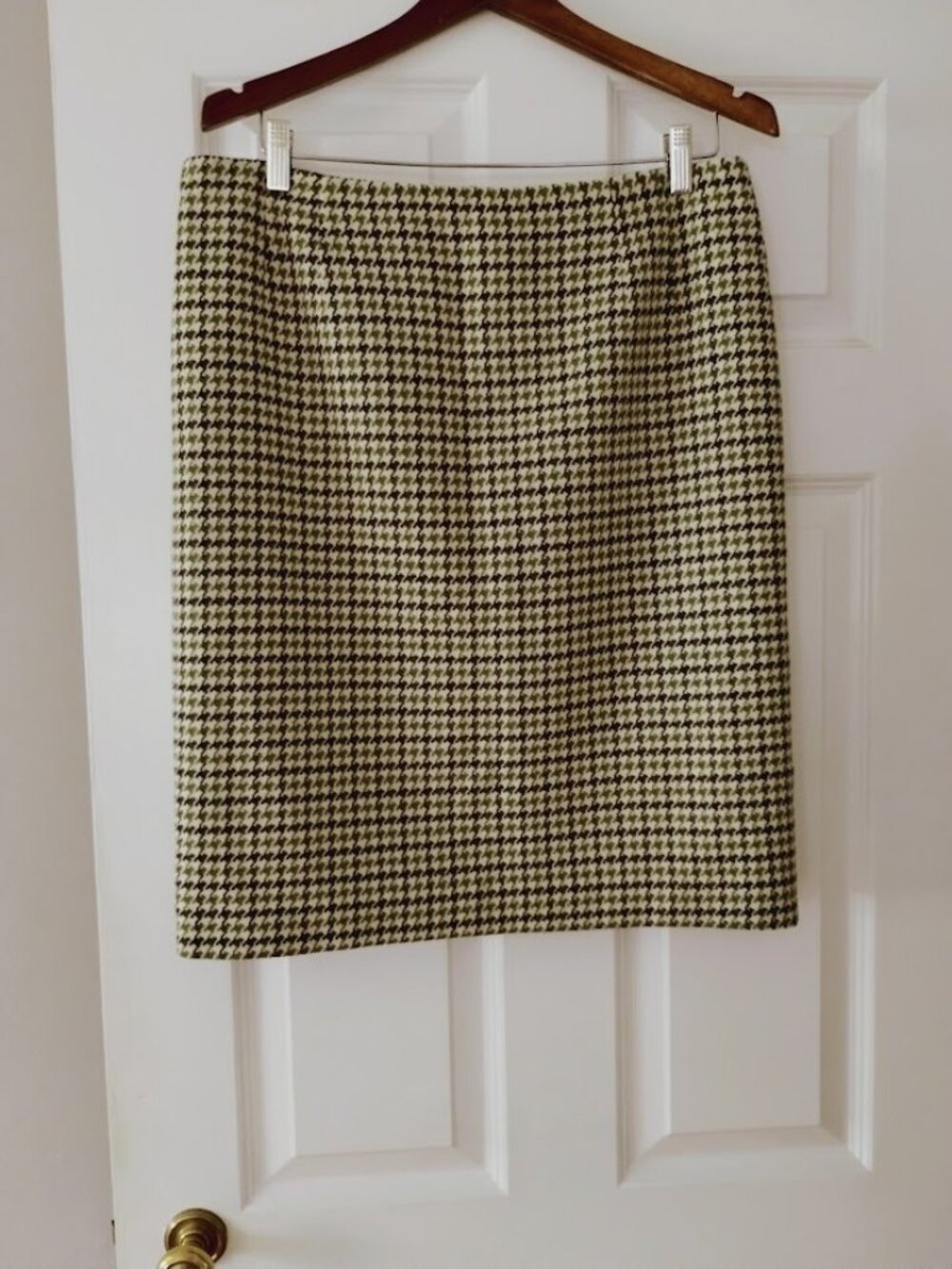 Vintage Talbots Houndstooth Pattern Wool Pencil Skirt Green White Made in USA